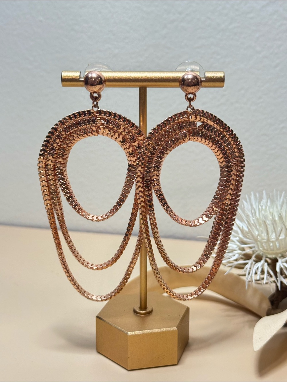 Rose Gold Tone Multi Loop Chain Statement Dangle Earrings